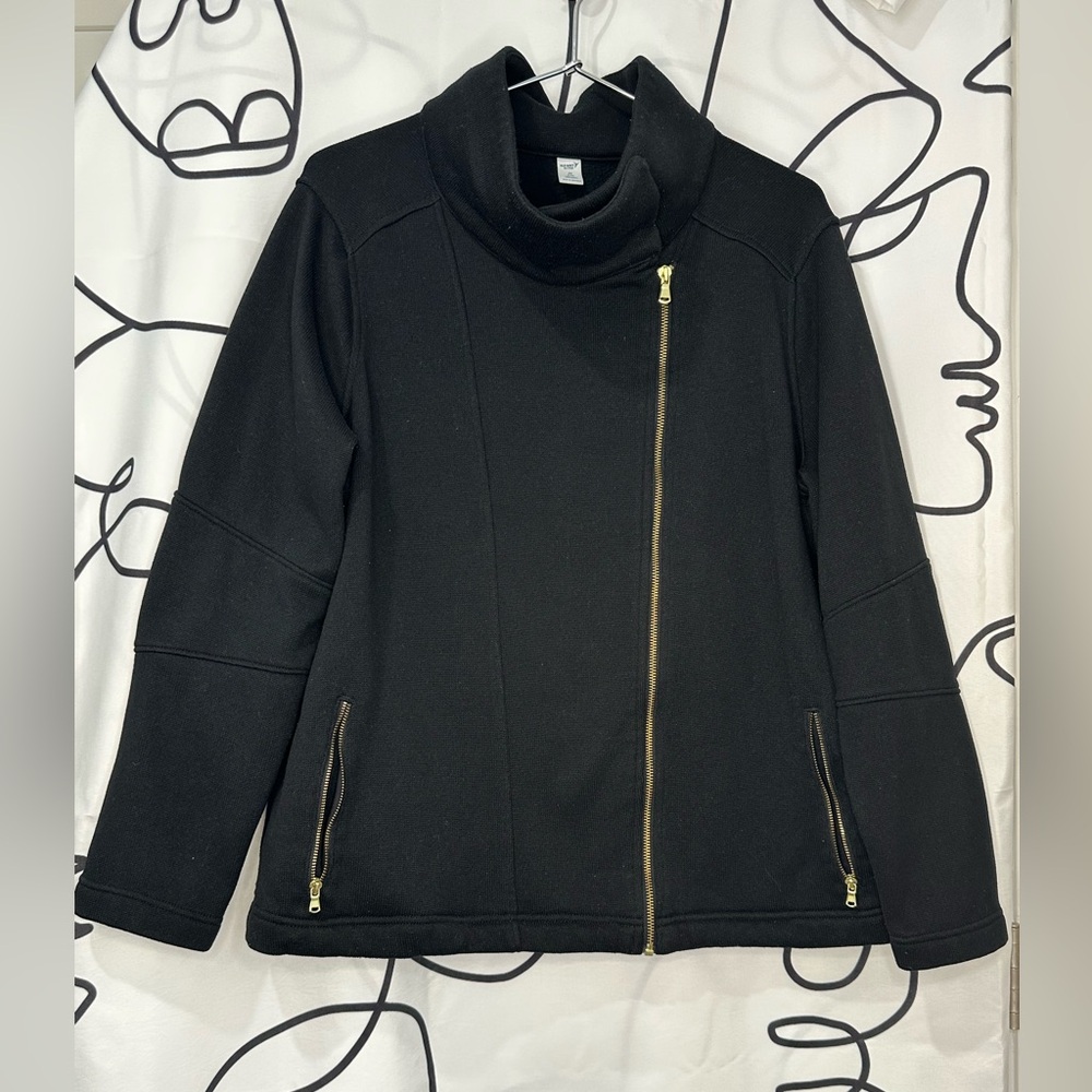 Women’s Moto Old Navy Black Fleece Utility Jacket with Gold Zippers/Buttons